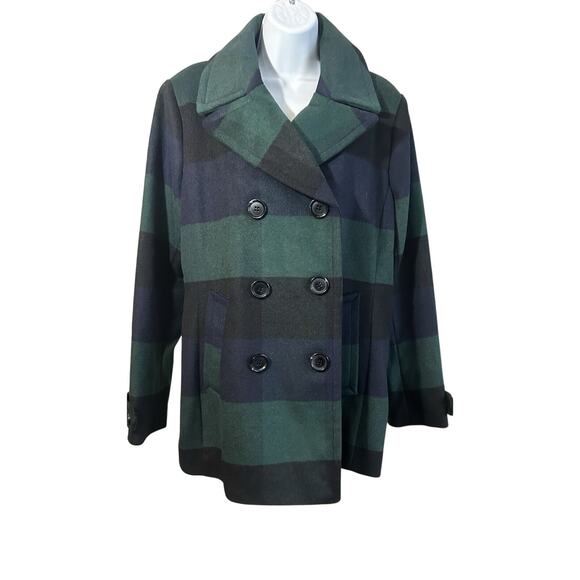 St John's Bay Wool Blend Peacoat Blue Green Plaid Size L Lined Pea Coat - Picture 1 of 6